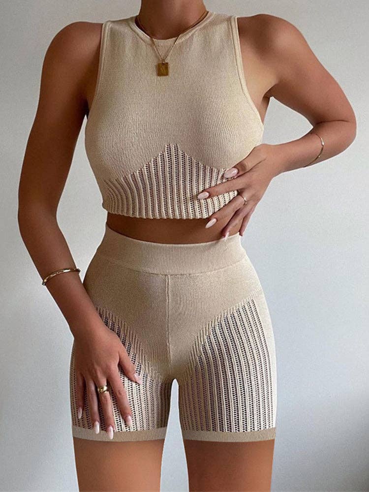 MB FASHION Knit Crop Top & High-Waisted Shorts Set 4668AT